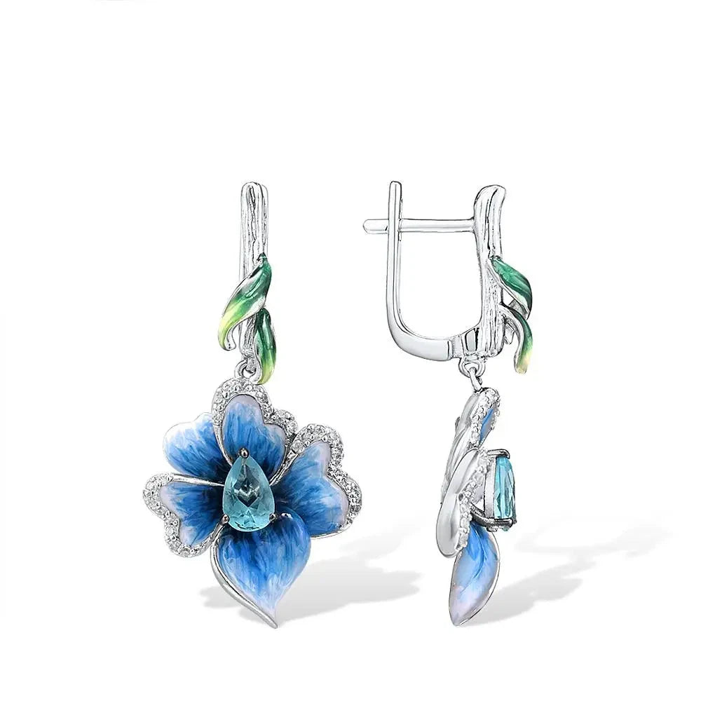 Brincos Flor de Orquidea Azul em Prata Mirabelle Joias
