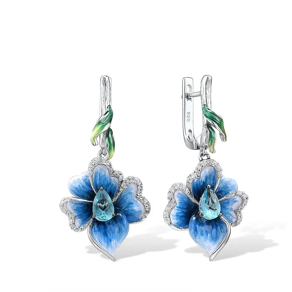 Brinco Flor de Orquidea Azul em Prata Mirabelle Joias